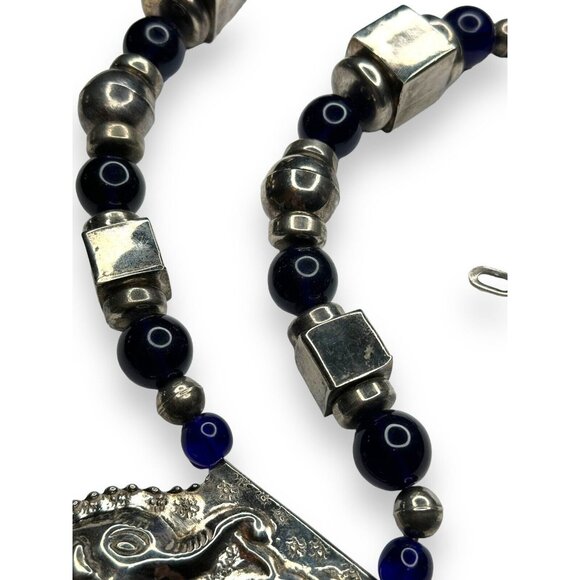 Vintage Tribal Silver Tone Statement Necklace Elephant Pendant Blue Beads 28in - Picture 3 of 12